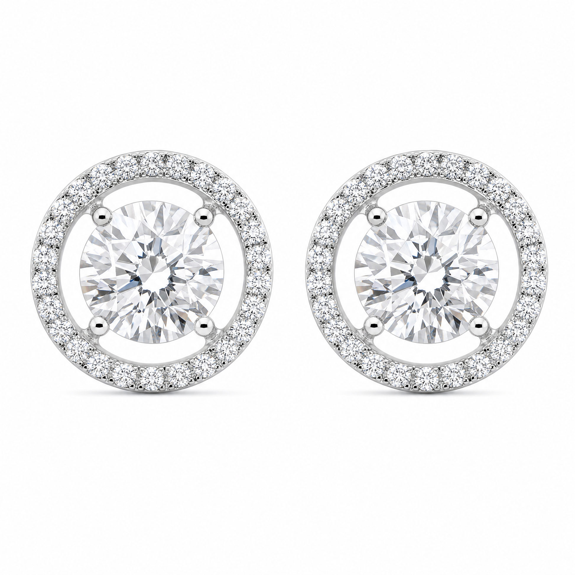 DETE0305W W-1 frontal pair - round diamond solitaire with floating open circle diamond halo stud earrings in 18K white gold