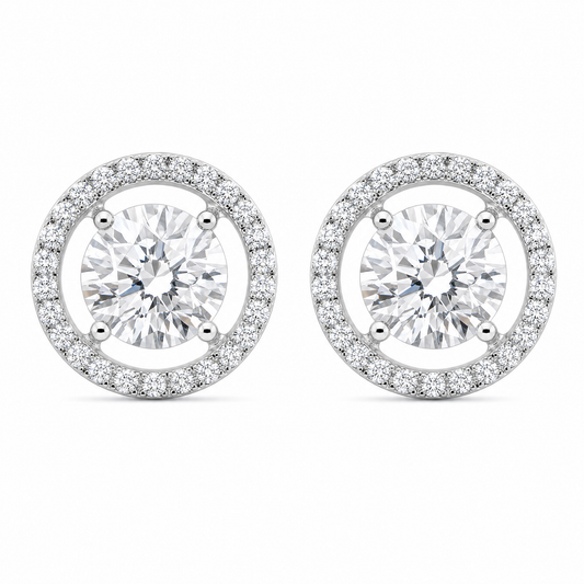 DETE0305W W-1 frontal pair - round diamond solitaire with floating open circle diamond halo stud earrings in 18K white gold