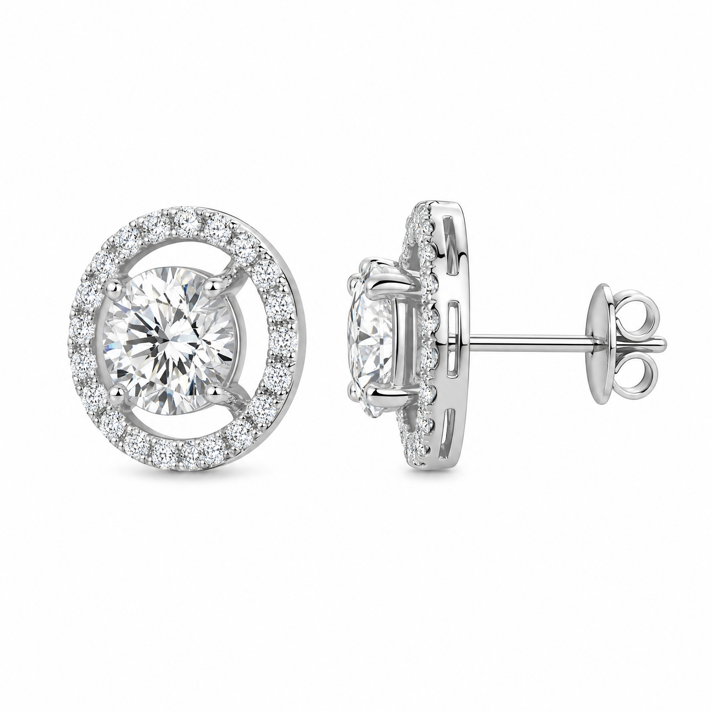 DETE0305W W-2 turned view showing post and butterfly back - round diamond solitaire with floating open circle halo stud earrings in 18K white gold