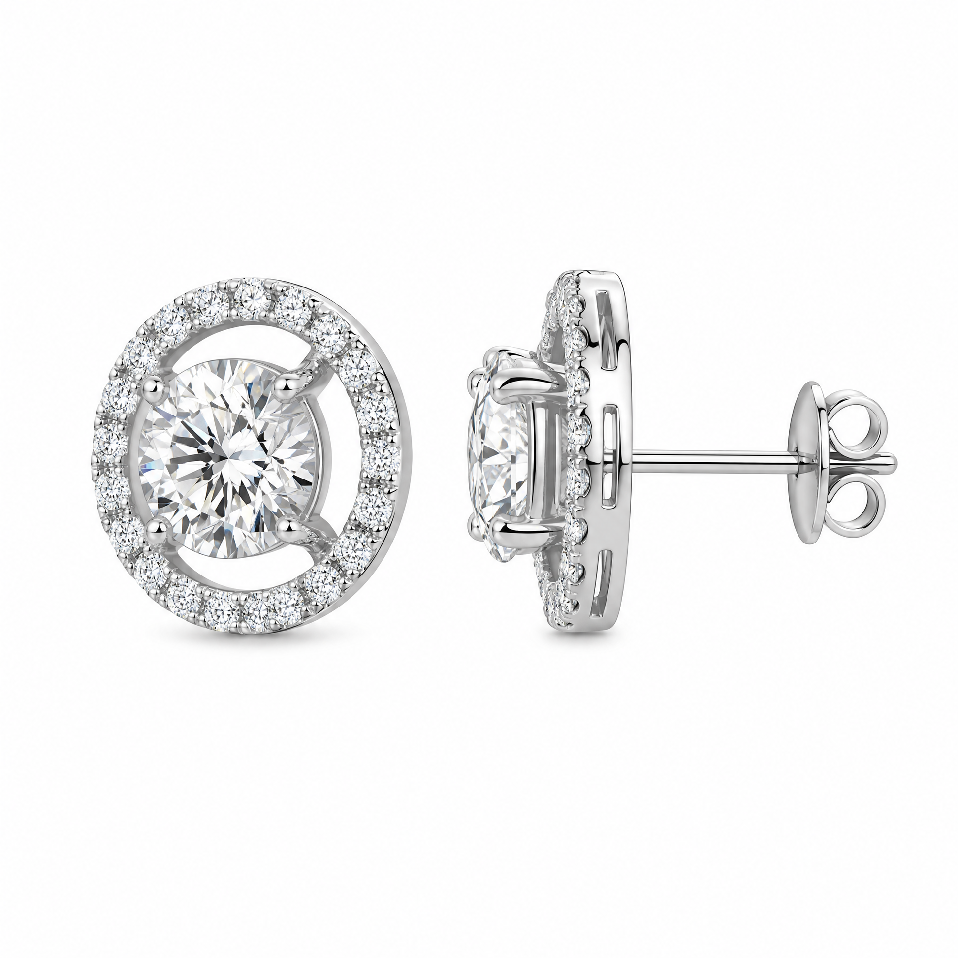 DETE0305W W-2 turned view showing post and butterfly back - round diamond solitaire with floating open circle halo stud earrings in 18K white gold