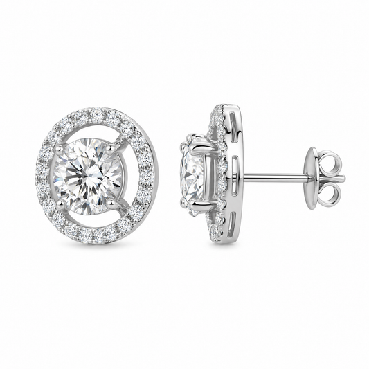 DETE0305W W-2 turned view showing post and butterfly back - round diamond solitaire with floating open circle halo stud earrings in 18K white gold