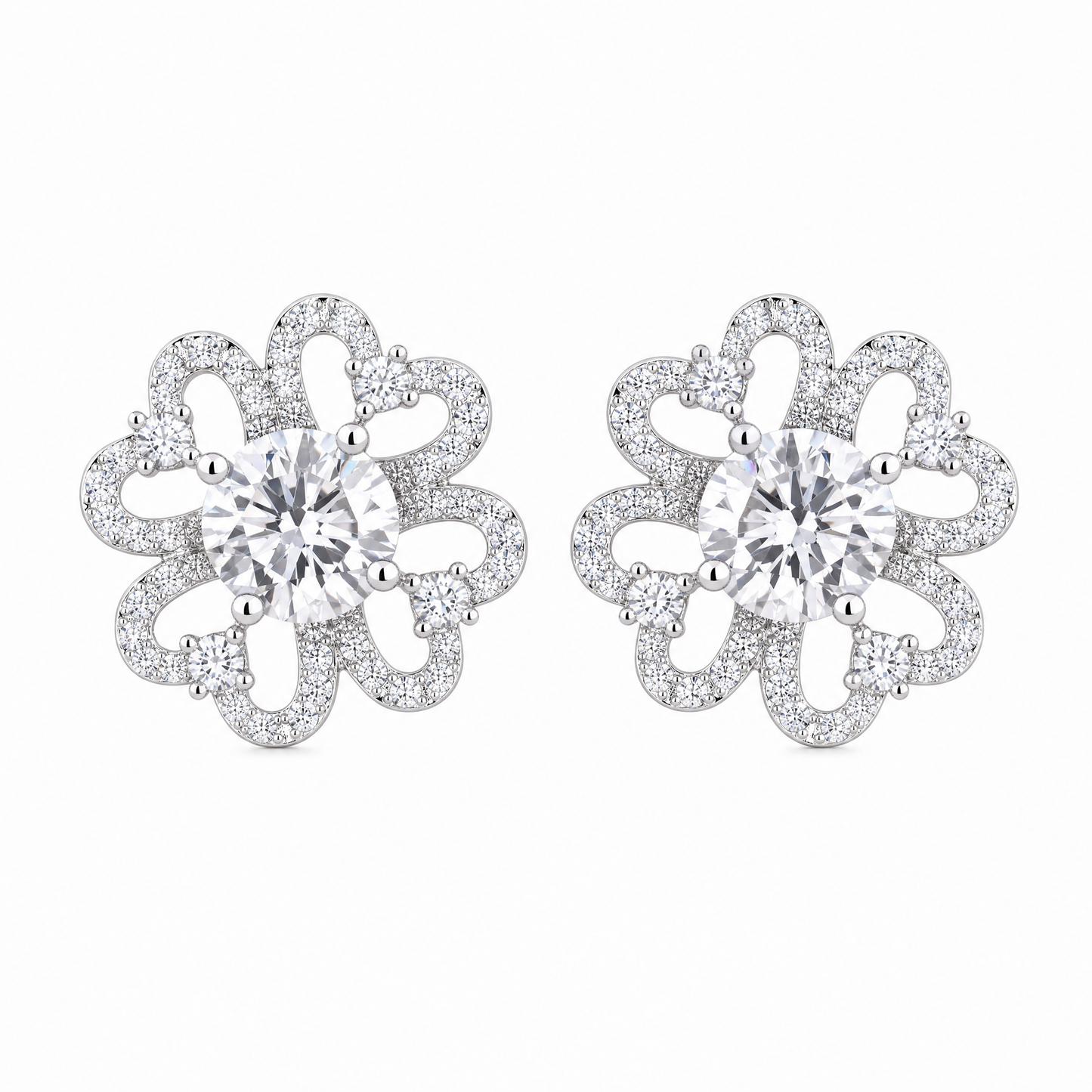 DETE0518W W-1 frontal pair - openwork six-petal clover flower pave diamond stud earrings in 18K white gold