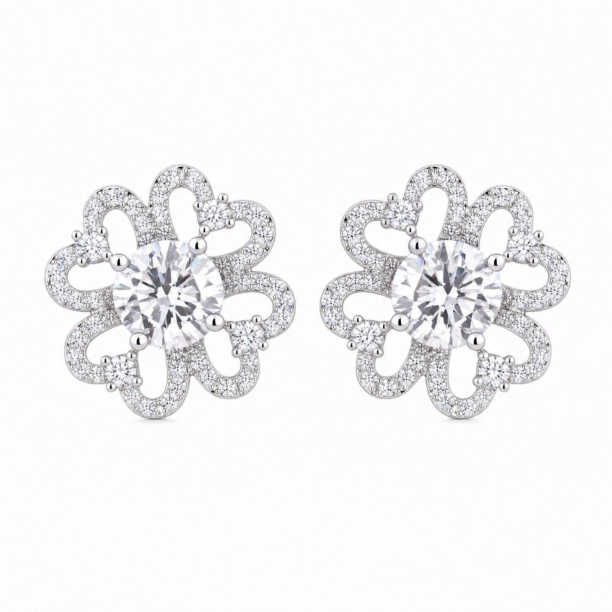DETE0518W W-1 frontal pair - openwork six-petal clover flower pave diamond stud earrings in 18K white gold