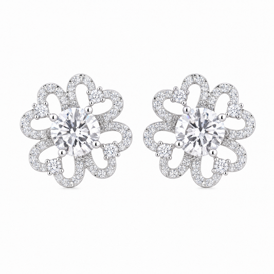 DETE0518W W-1 frontal pair - openwork six-petal clover flower pave diamond stud earrings in 18K white gold