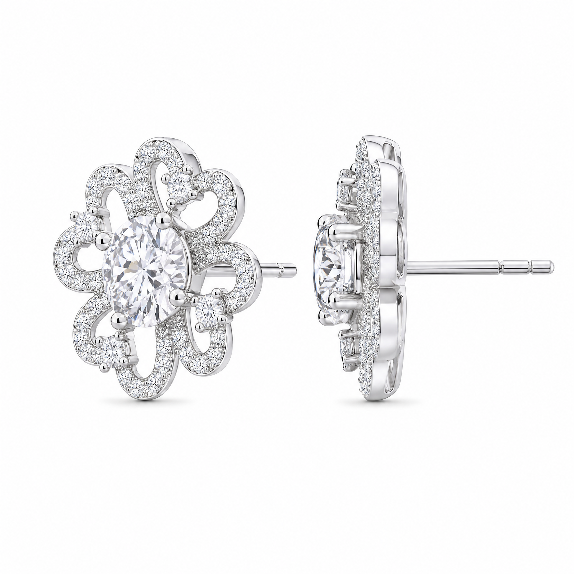 DETE0518W W-2 front and turned view showing post and butterfly back - openwork six-petal clover flower pave diamond stud earrings in 18K white gold