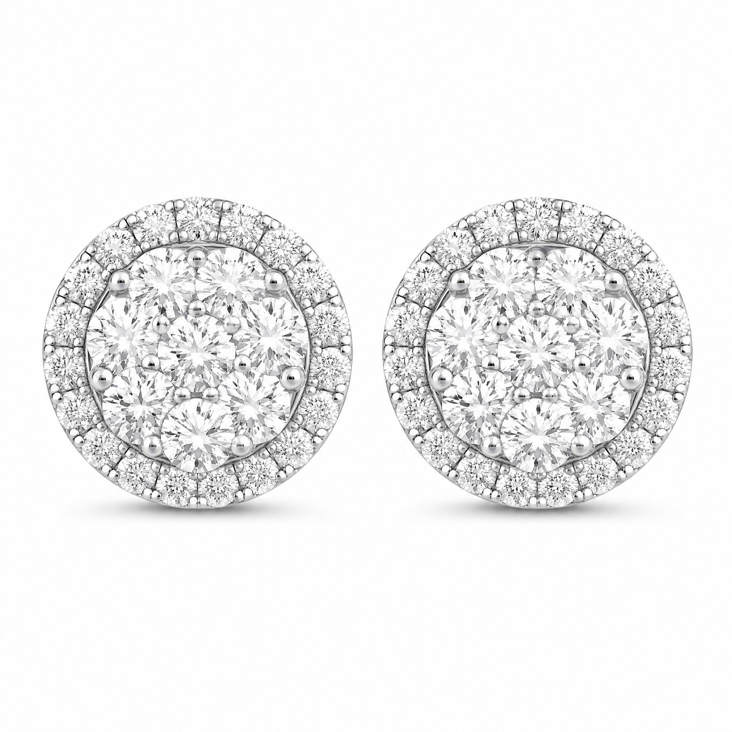 DETE0610W W-1 frontal pair - round diamond cluster disc stud earrings with halo in 18K white gold