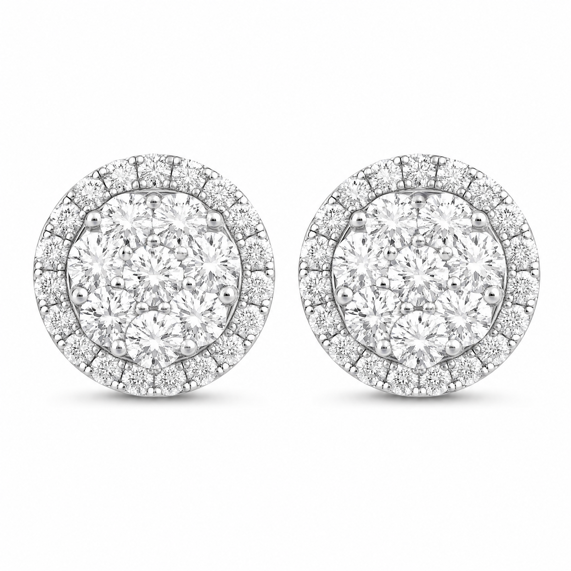 DETE0610W W-1 frontal pair - round diamond cluster disc stud earrings with halo in 18K white gold