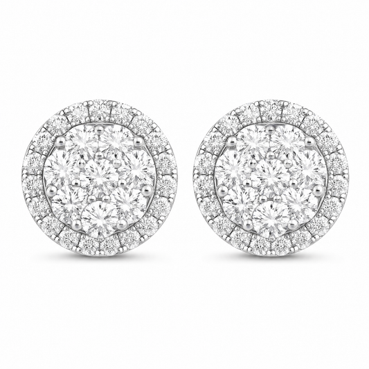 DETE0610W W-1 frontal pair - round diamond cluster disc stud earrings with halo in 18K white gold