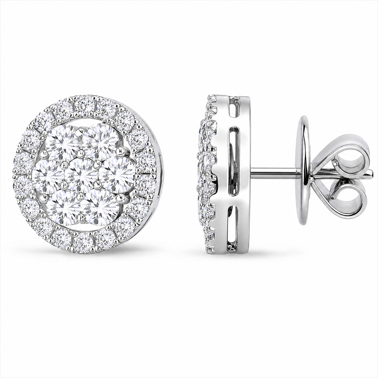 DETE0610W W-2 turned view showing post and butterfly back - round diamond cluster disc stud earrings in 18K white gold