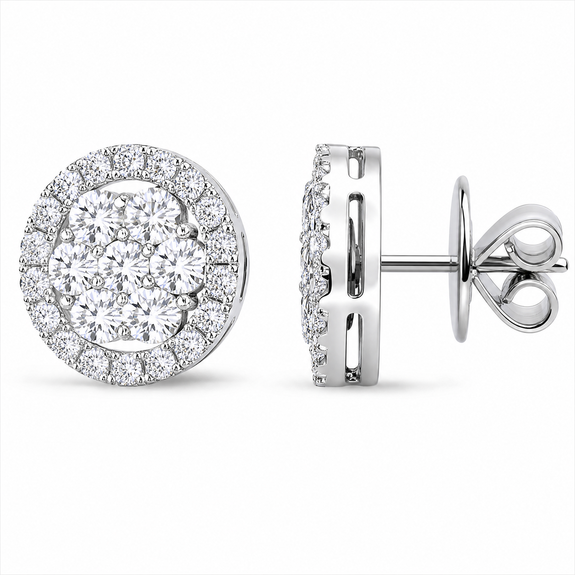 DETE0610W W-2 turned view showing post and butterfly back - round diamond cluster disc stud earrings in 18K white gold