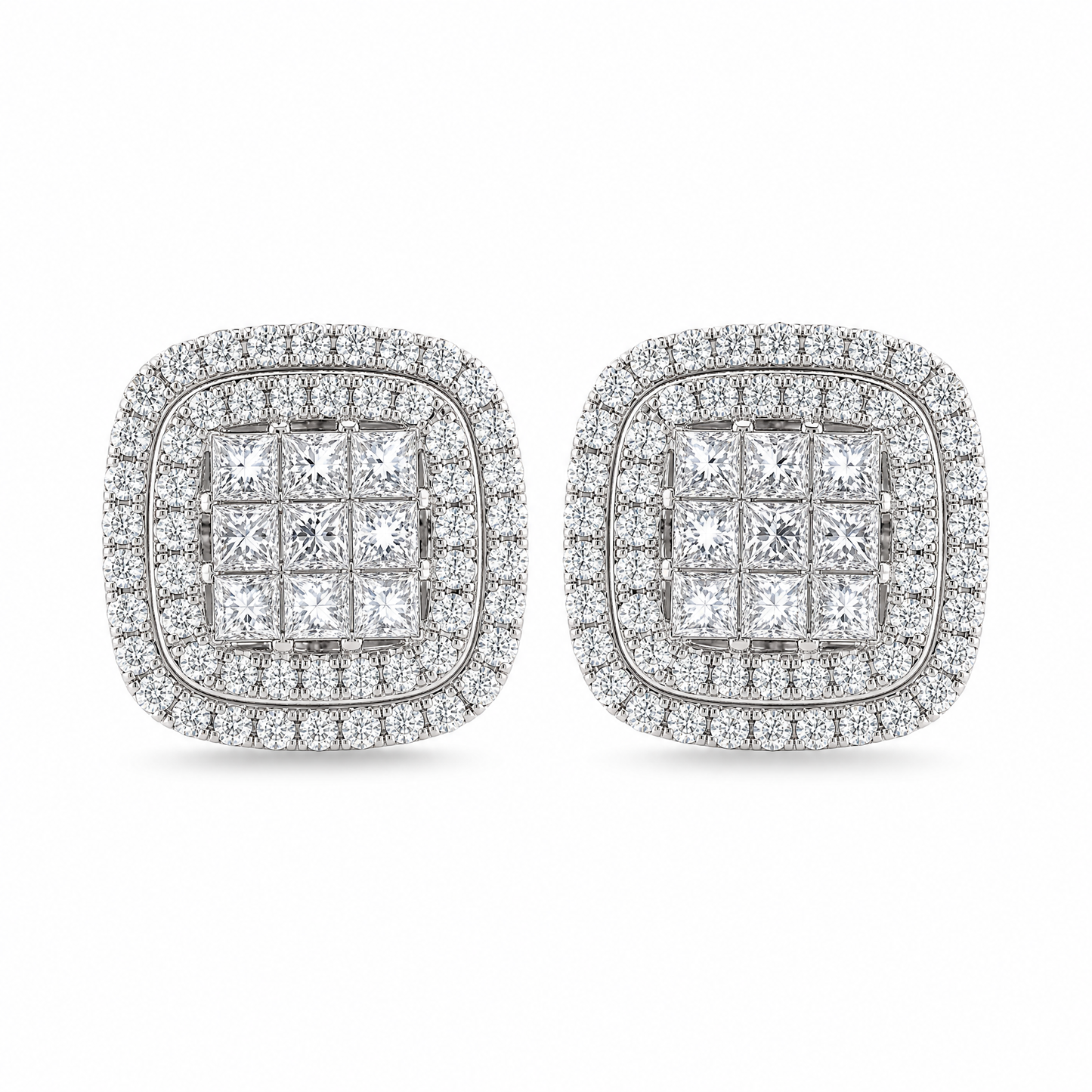 DETE0618W W-1 frontal pair - invisible-set princess-cut diamond centre with double-row round diamond halo cushion stud earrings in 14K white gold