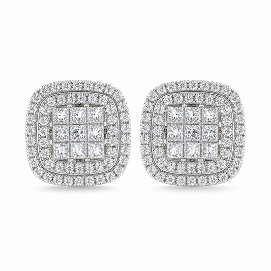 DETE0618W W-1 frontal pair - invisible-set princess-cut diamond centre with double-row round diamond halo cushion stud earrings in 14K white gold