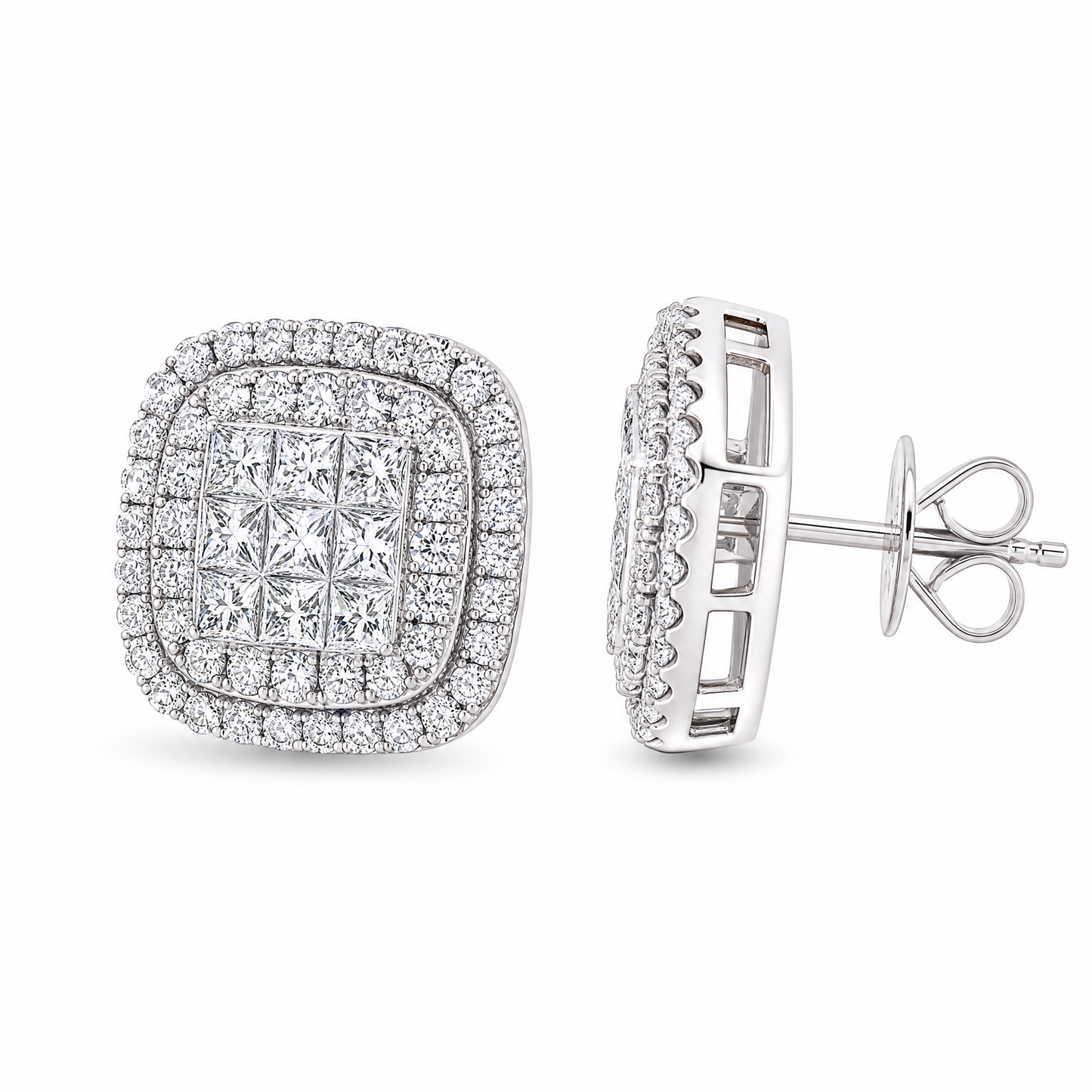DETE0618W W-2 front and turned view showing post and butterfly back - invisible-set princess-cut diamond double-halo cushion stud earrings in 14K white gold