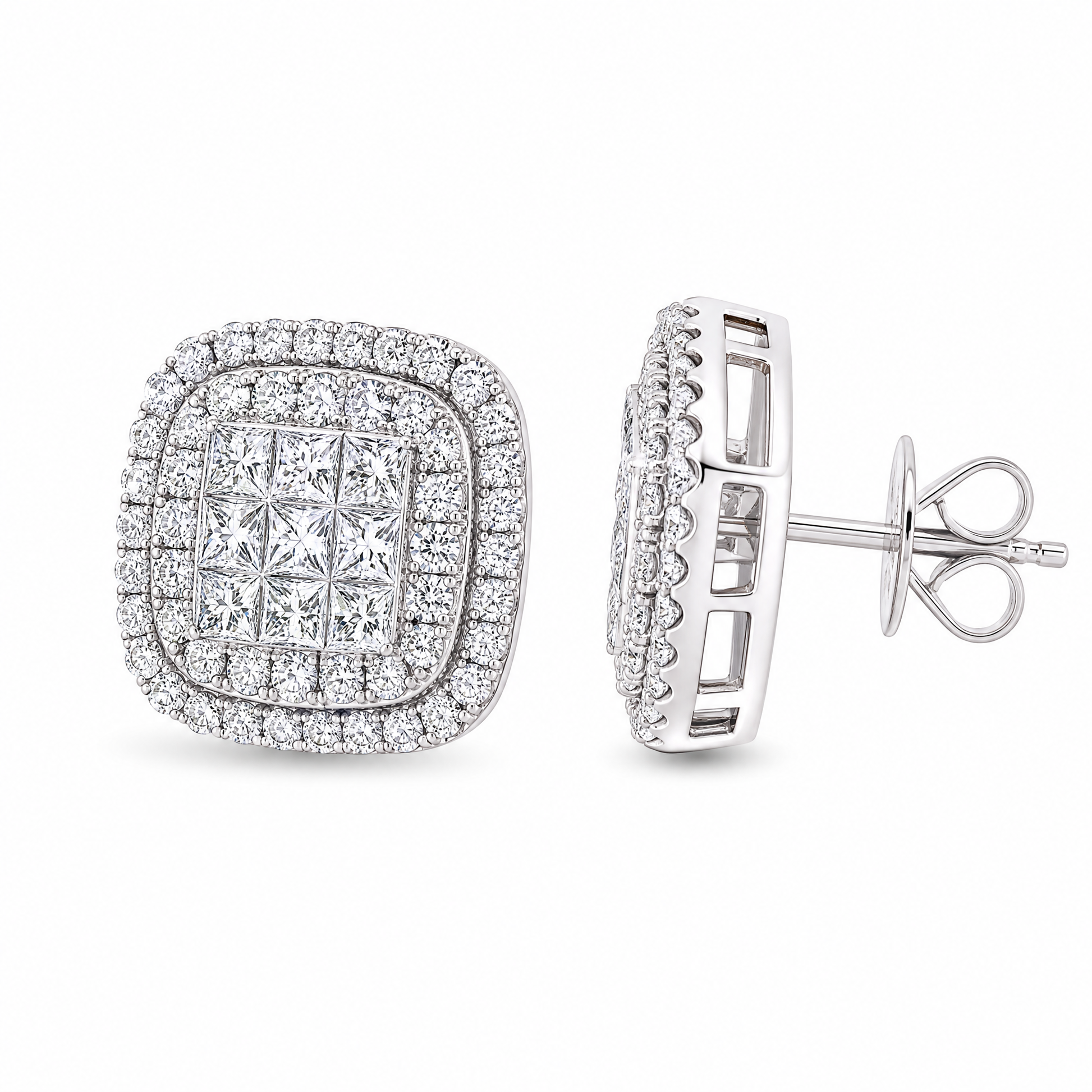 DETE0618W W-2 front and turned view showing post and butterfly back - invisible-set princess-cut diamond double-halo cushion stud earrings in 14K white gold