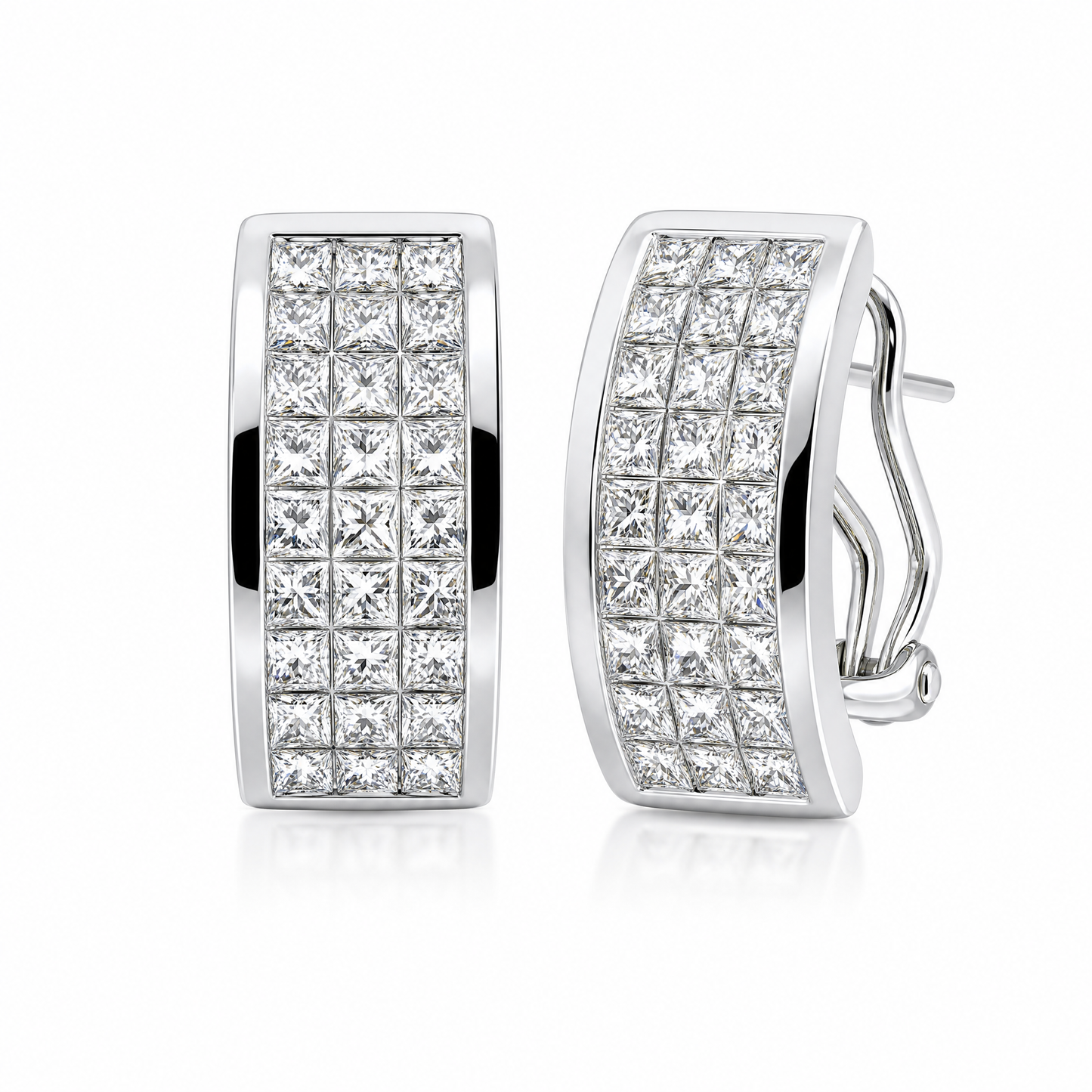DEWA0028W W-2 front and turned view showing French clip backing - invisible set princess-cut diamond three-row clip earrings