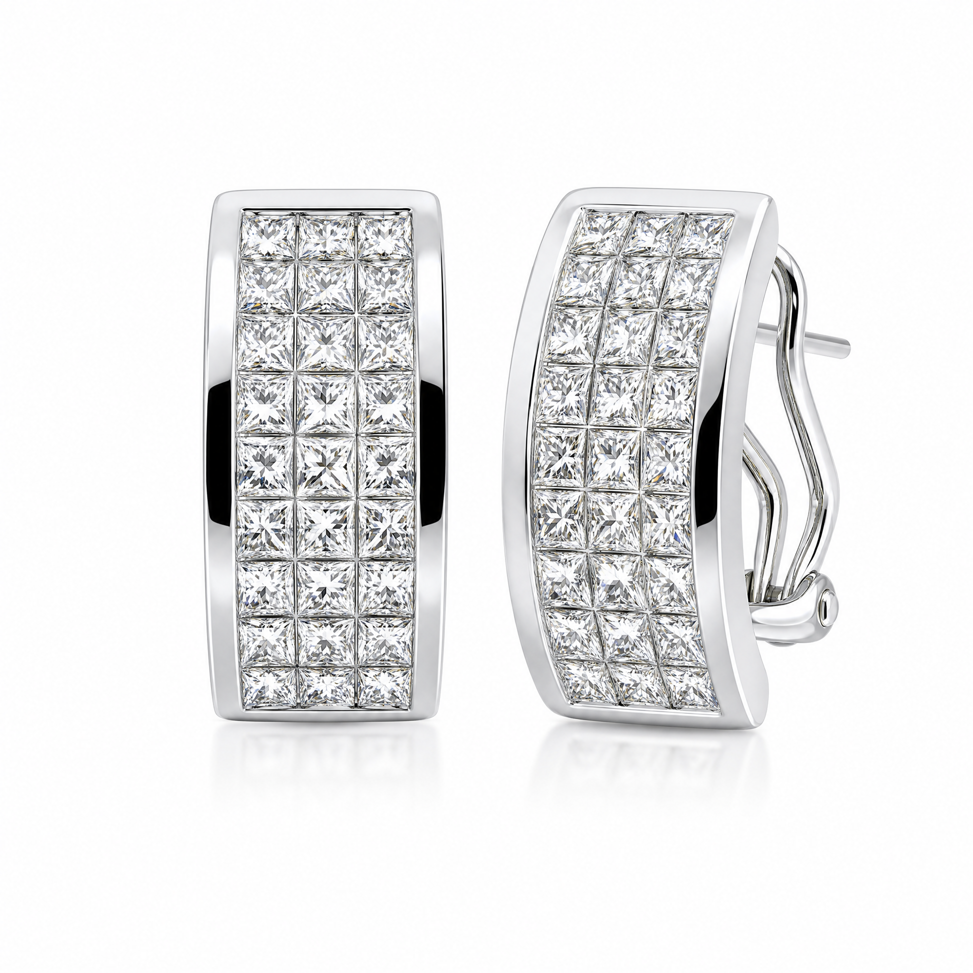 DEWA0028W W-2 front and turned view showing French clip backing - invisible set princess-cut diamond three-row clip earrings
