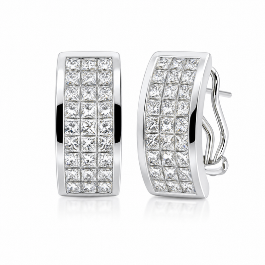DEWA0028W W-2 front and turned view showing French clip backing - invisible set princess-cut diamond three-row clip earrings