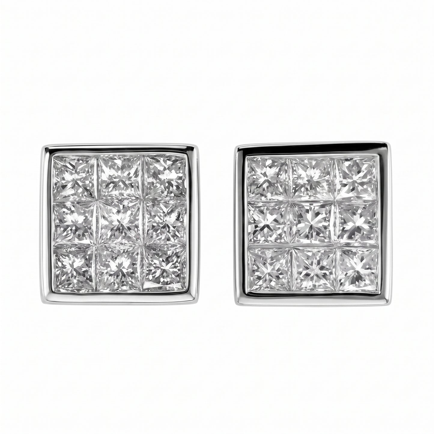 DEWA0262W W-1 frontal pair - flat square plaque stud earrings, nine princess-cut diamonds invisibly set in a 3x3 grid with a plain polished squared border, in 18K white gold