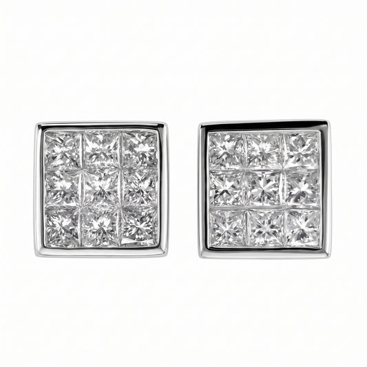 DEWA0262W W-1 frontal pair - flat square plaque stud earrings, nine princess-cut diamonds invisibly set in a 3x3 grid with a plain polished squared border, in 18K white gold