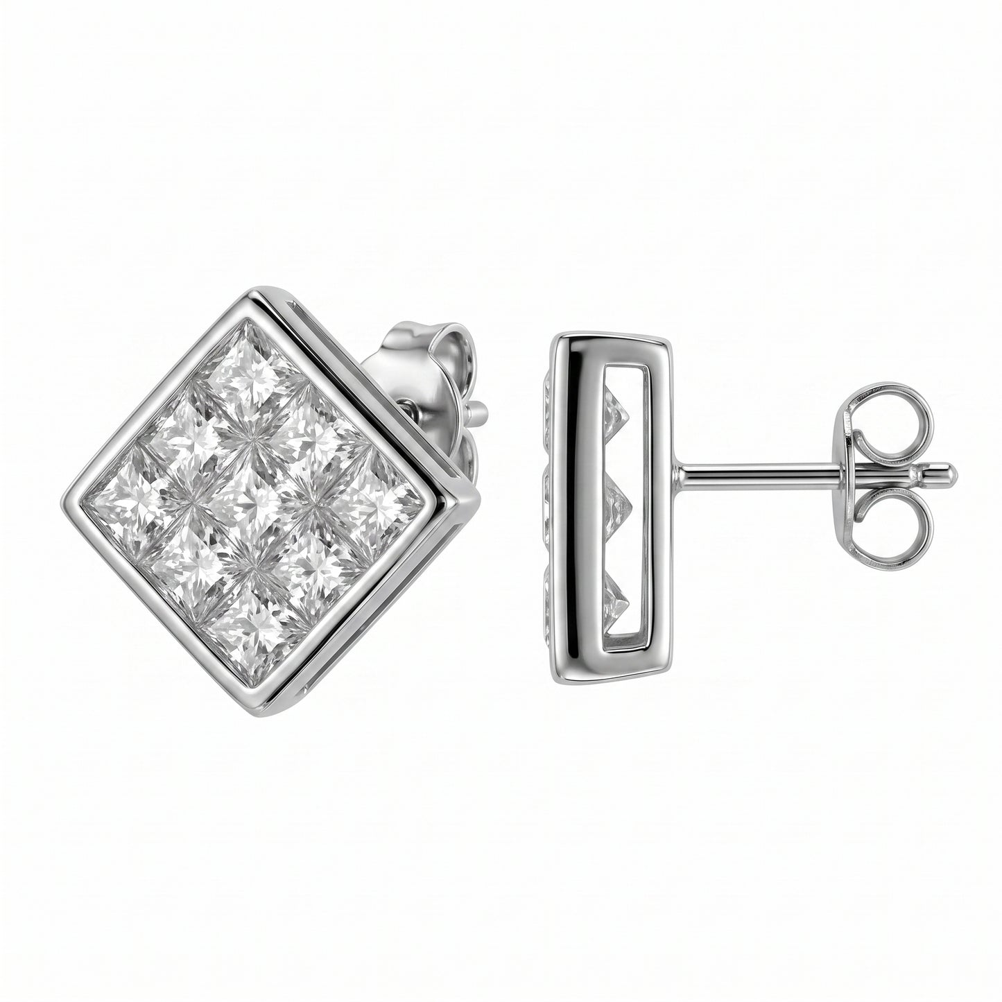 DEWA0262W W-2 front and turned view showing the straight wire post and butterfly back - square invisible-set princess-cut diamond plaque stud earrings in 18K white gold