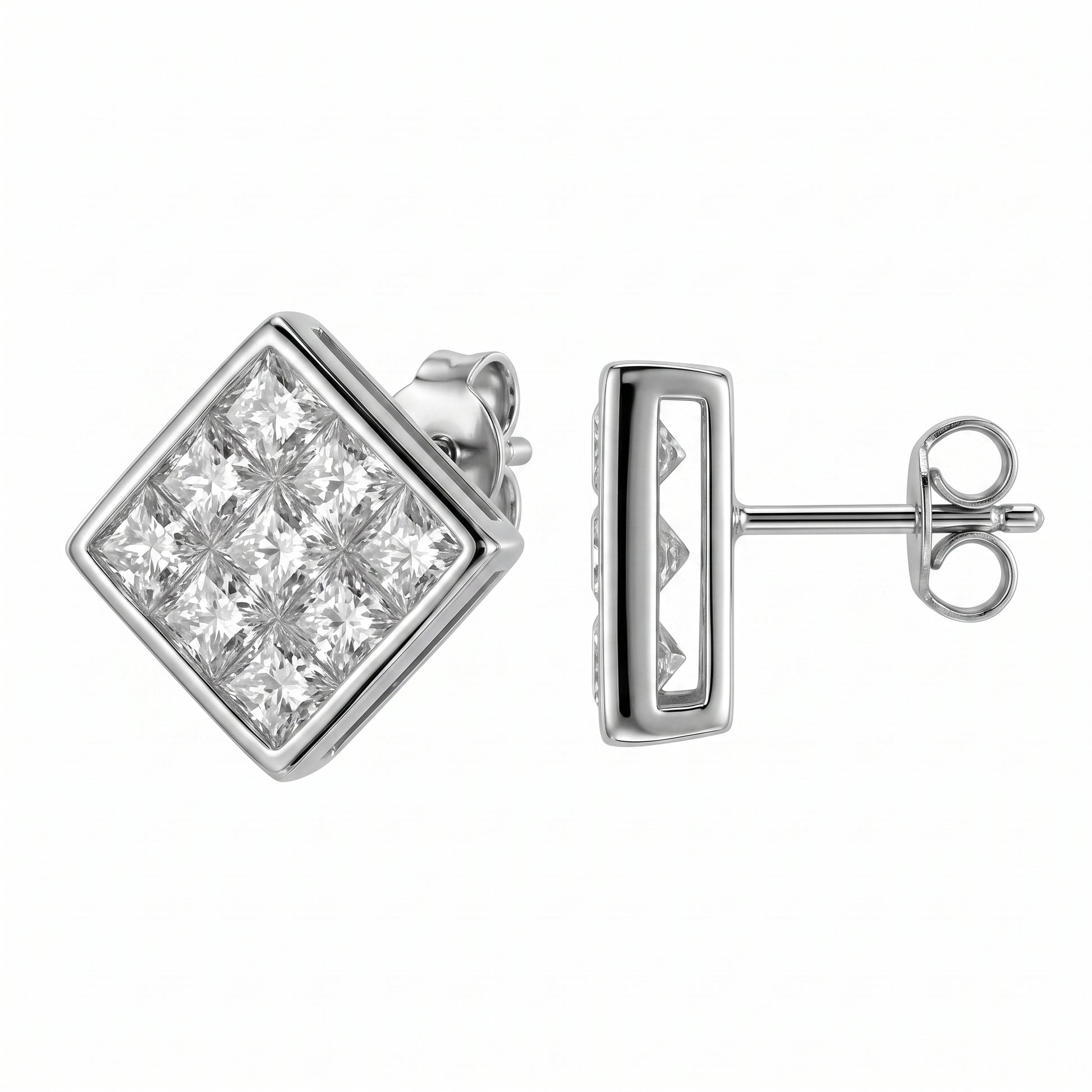 DEWA0262W W-2 front and turned view showing the straight wire post and butterfly back - square invisible-set princess-cut diamond plaque stud earrings in 18K white gold