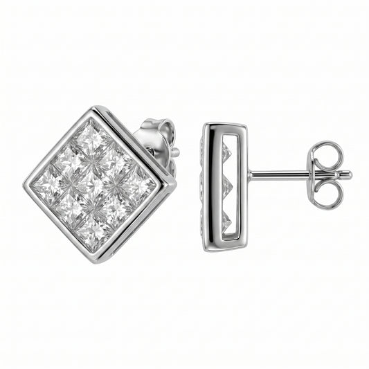 DEWA0262W W-2 front and turned view showing the straight wire post and butterfly back - square invisible-set princess-cut diamond plaque stud earrings in 18K white gold
