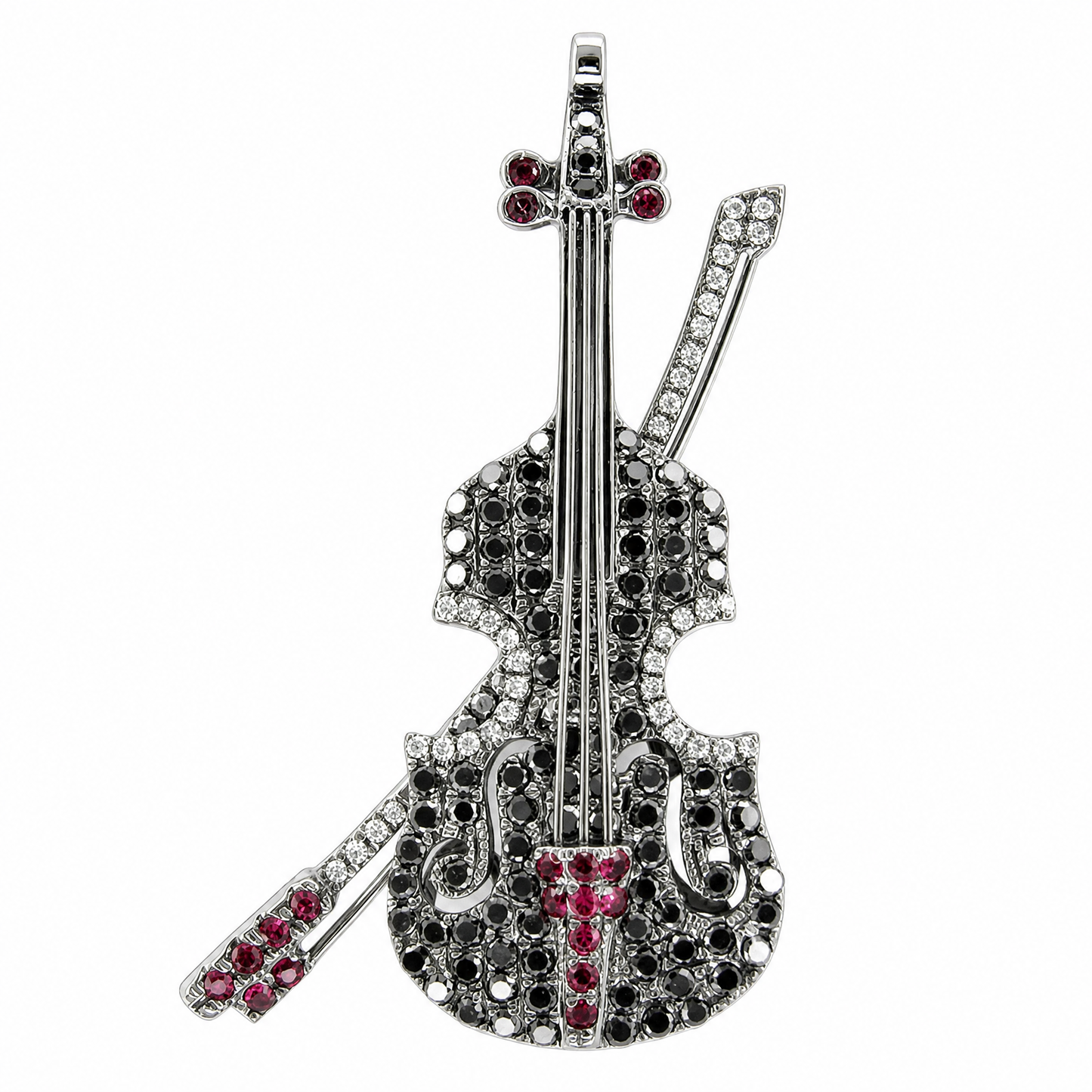 18K white gold black diamond, ruby and diamond violin pin-slider brooch, front view