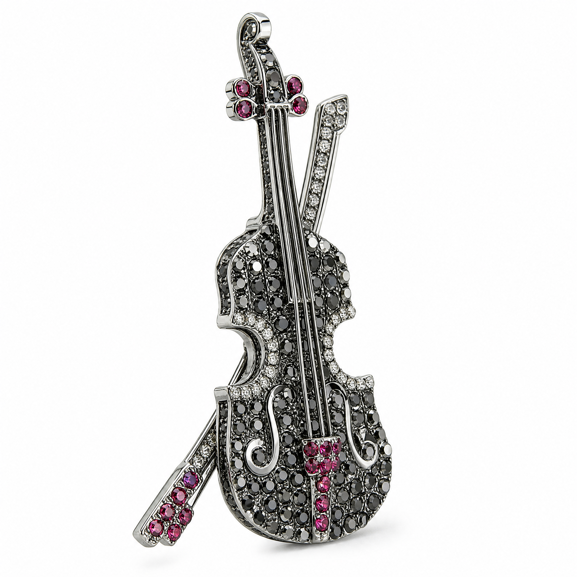 18K white gold black diamond, ruby and diamond violin pin-slider brooch, side angle view