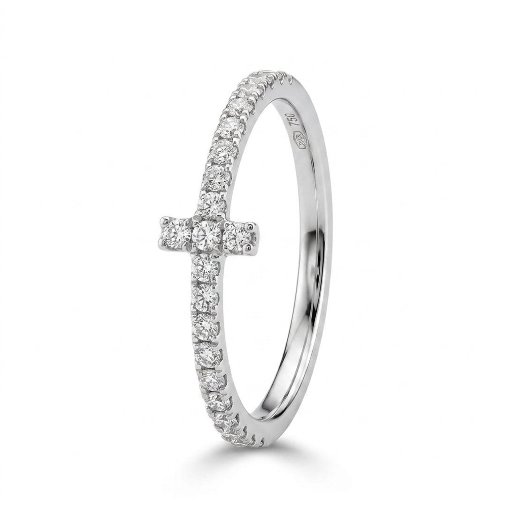 REJECTED ROUND 2 - 18K white gold sideways cross diamond band ring - NOT FOR PUBLICATION, render carries incorrect legible 750 hallmark and makers cartouche