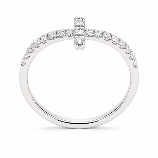 DRM1302W 23-diamond white gold ring - angled view on white background