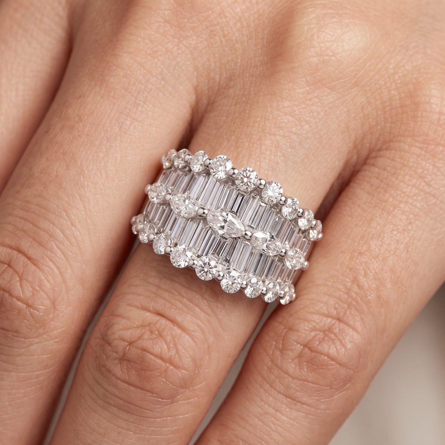 2.23ct Three-Row Diamond Band Ring with Baguettes & Rounds