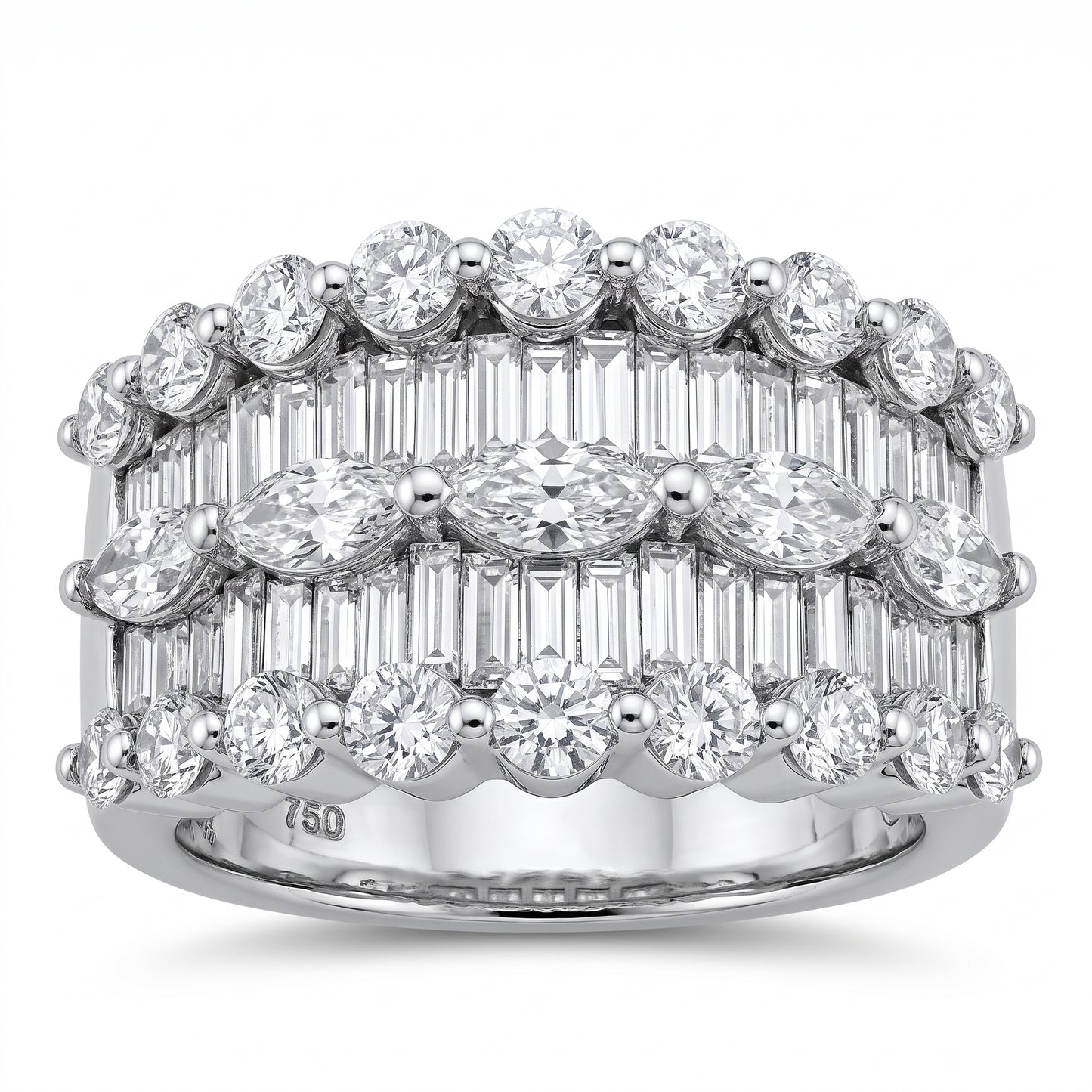 2.23ct Three-Row Diamond Band Ring with Baguettes & Rounds