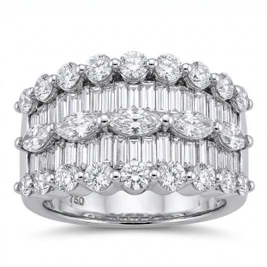 2.23ct Three-Row Diamond Band Ring with Baguettes & Rounds