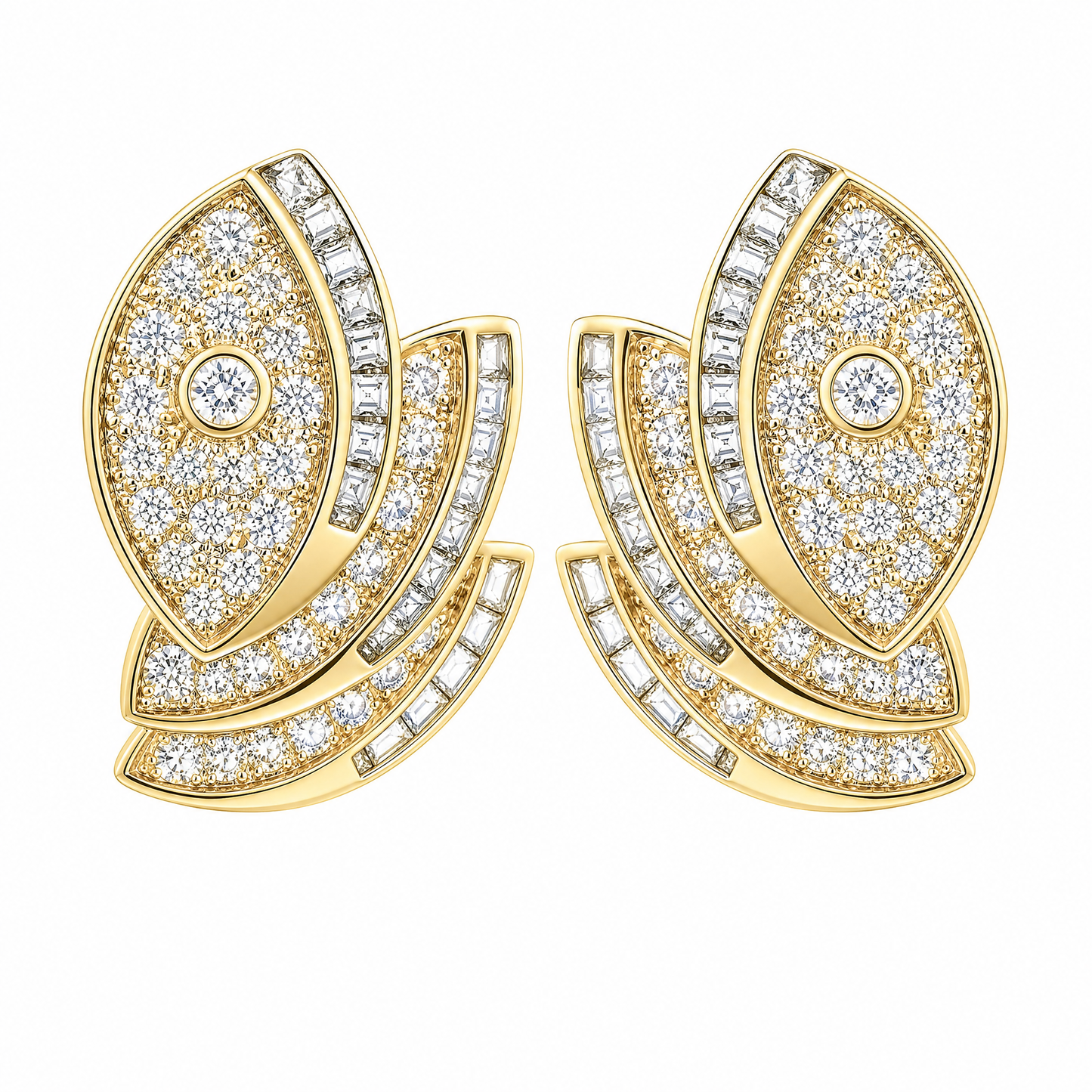EDE47350 W-1 frontal pair - pave and channel-set square diamond double leaf scroll clip earrings in 18K yellow gold