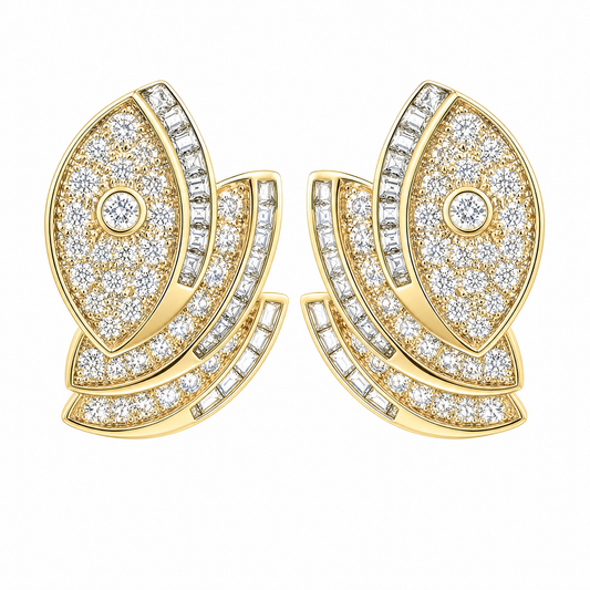 EDE47350 W-1 frontal pair - pave and channel-set square diamond double leaf scroll clip earrings in 18K yellow gold