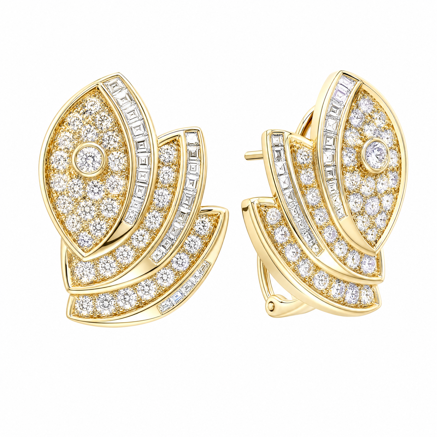 EDE47350 W-2 front and turned view showing French clip backing - pave and channel-set square diamond double leaf scroll clip earrings in 18K yellow gold