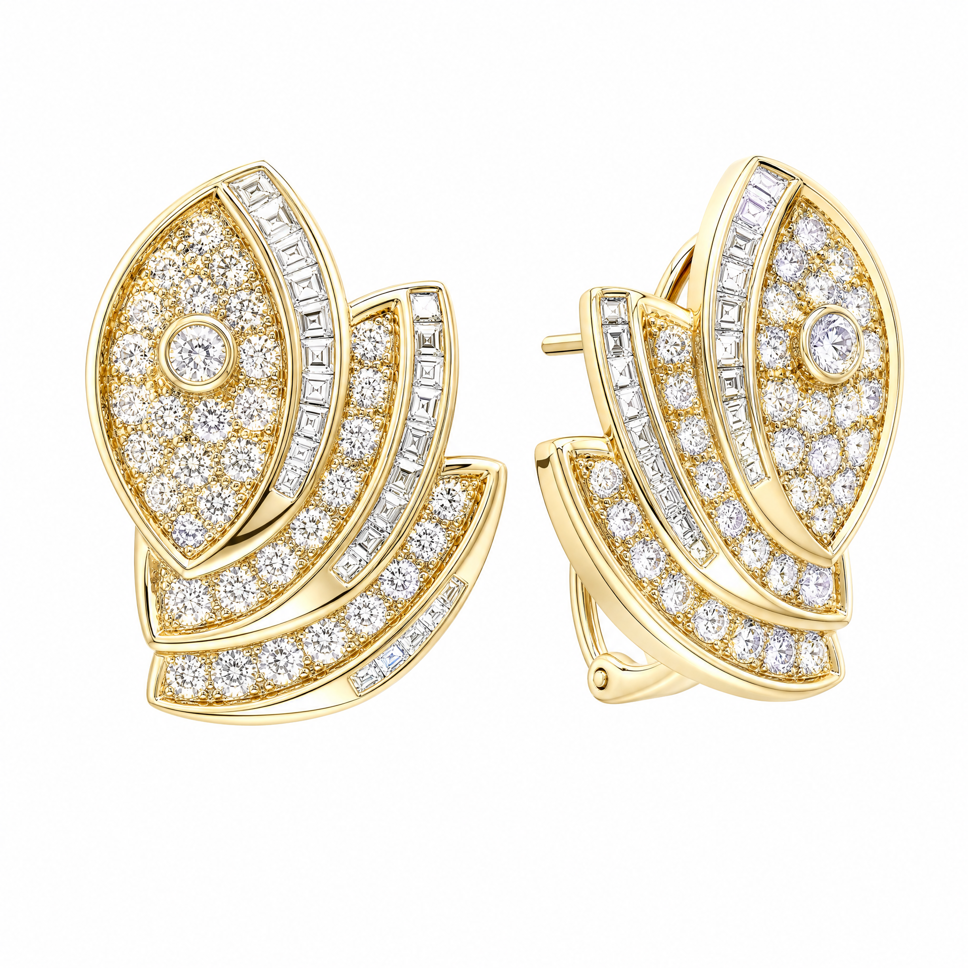 EDE47350 W-2 front and turned view showing French clip backing - pave and channel-set square diamond double leaf scroll clip earrings in 18K yellow gold