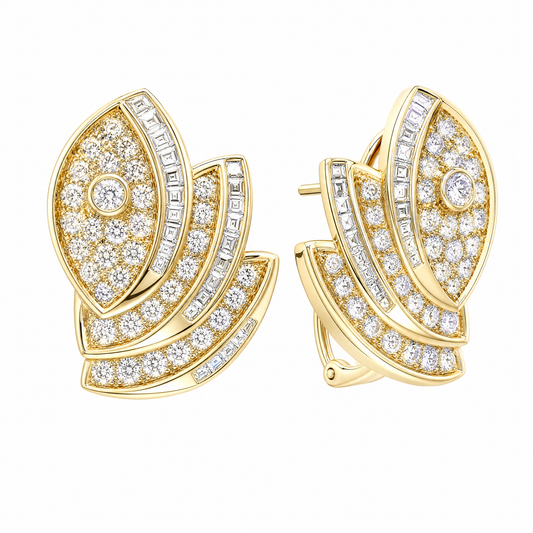 EDE47350 W-2 front and turned view showing French clip backing - pave and channel-set square diamond double leaf scroll clip earrings in 18K yellow gold
