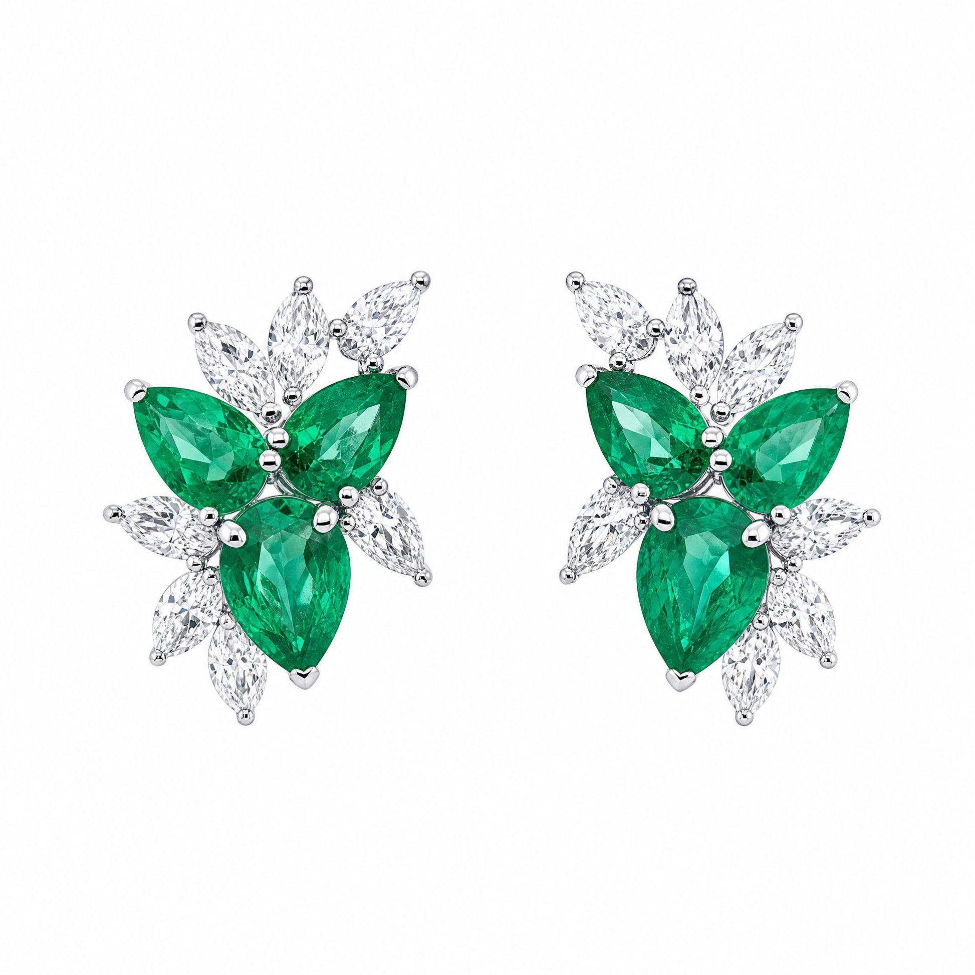 EECA1734W W-1 frontal pair - pear emerald and marquise diamond fan cluster earrings in 18K white gold