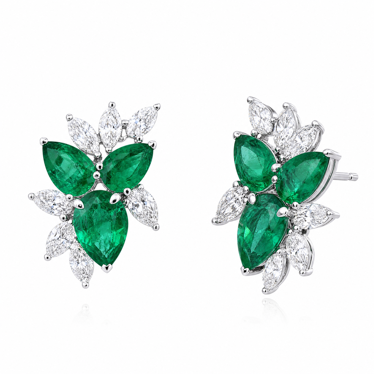 EECA1734W W-2 front and turned view showing post - pear emerald and marquise diamond fan cluster earrings in 18K white gold