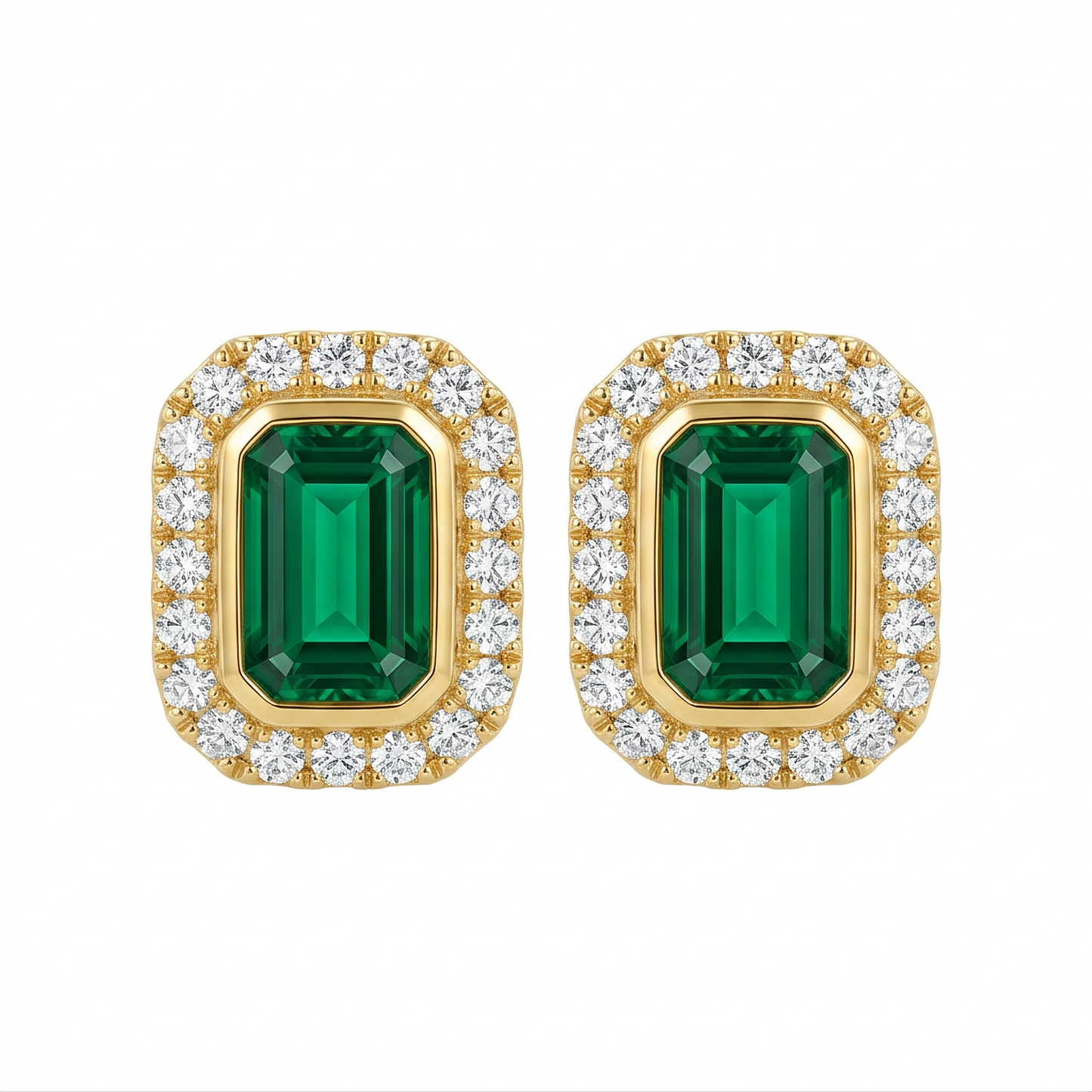4x6mm Emerald-Cut Emerald & Diamond Halo Stud Earrings - 14K yellow gold bezel-set emerald-cut emerald framed by a single row of round brilliant diamonds, white background