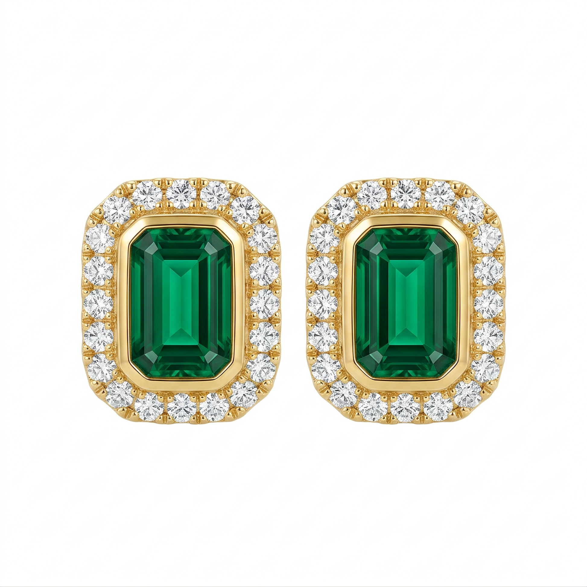 4x6mm Emerald-Cut Emerald & Diamond Halo Stud Earrings - 14K yellow gold bezel-set emerald-cut emerald framed by a single row of round brilliant diamonds, white background