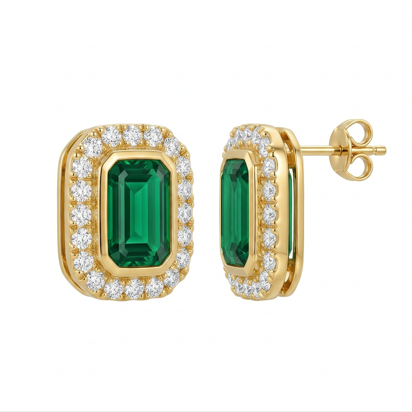 4x6mm Emerald-Cut Emerald & Diamond Halo Stud Earrings - 14K yellow gold emerald halo studs shown face-on and in profile with post fitting, white background
