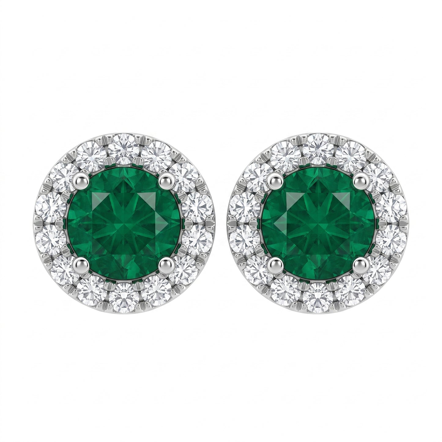2 Round Emerald & 28-Diamond Round Post Earrings in 18K white gold - front view