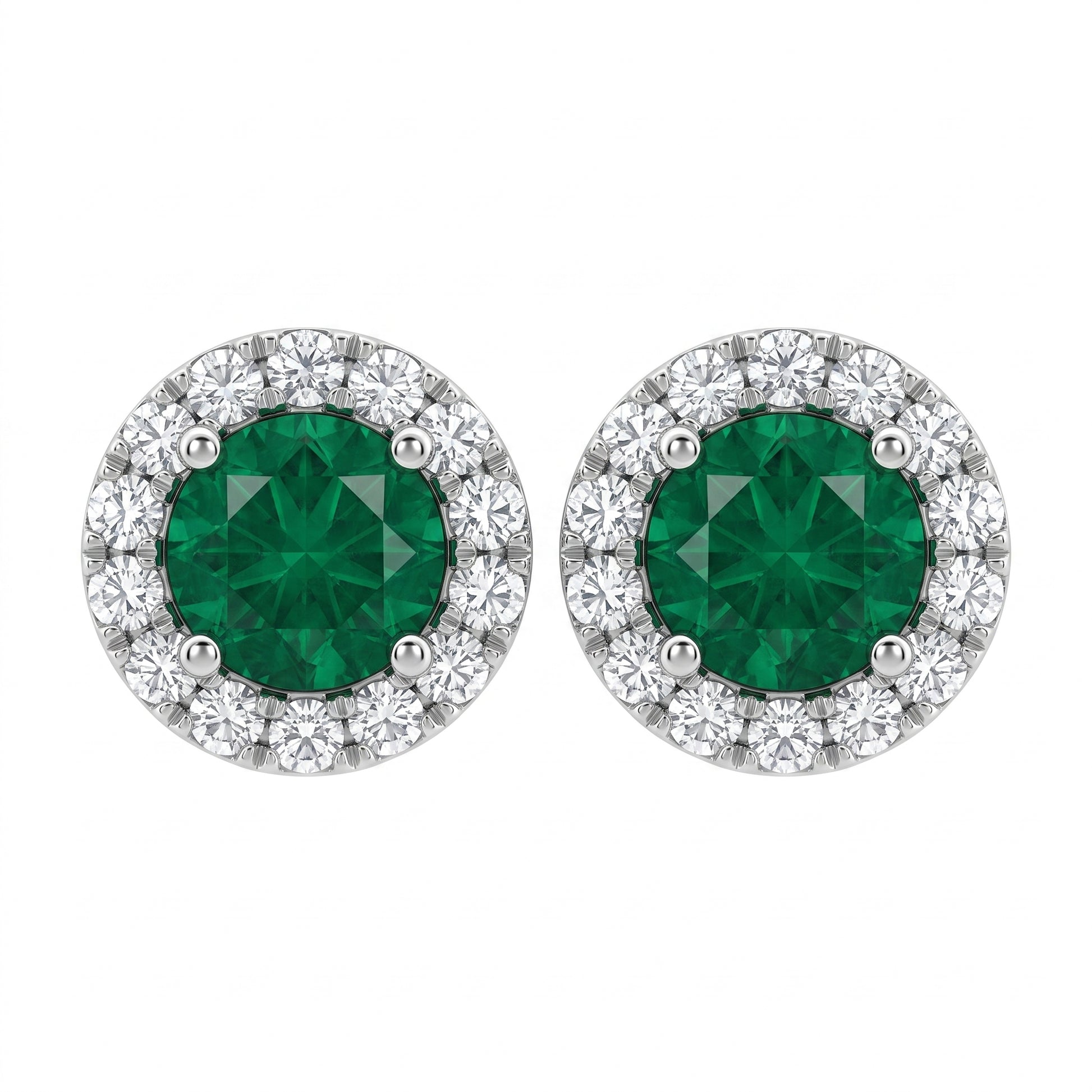 2 Round Emerald & 28-Diamond Round Post Earrings in 18K white gold - front view