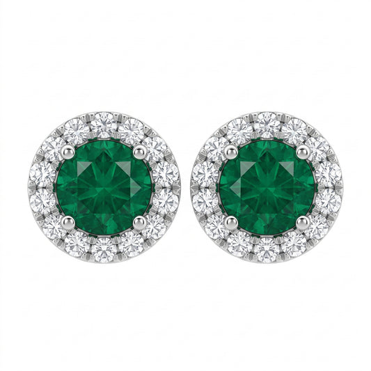 2 Round Emerald & 28-Diamond Round Post Earrings in 18K white gold - front view