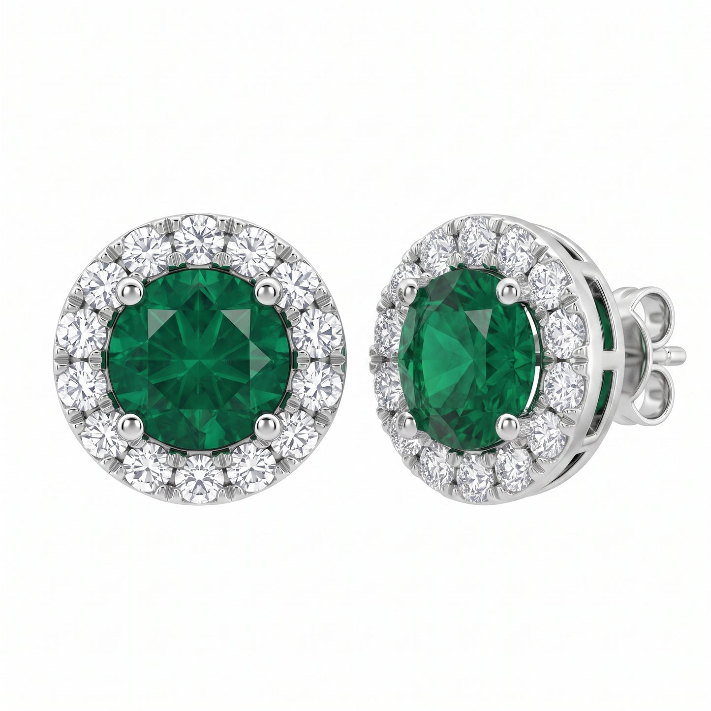 2 Round Emerald & 28-Diamond Round Post Earrings in 18K white gold - turned view showing halo depth and post