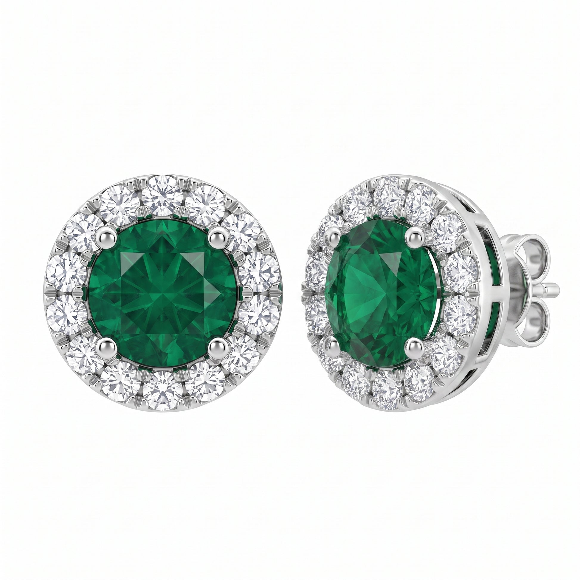 2 Round Emerald & 28-Diamond Round Post Earrings in 18K white gold - turned view showing halo depth and post