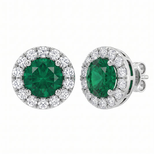 2 Round Emerald & 28-Diamond Round Post Earrings in 18K white gold - turned view showing halo depth and post