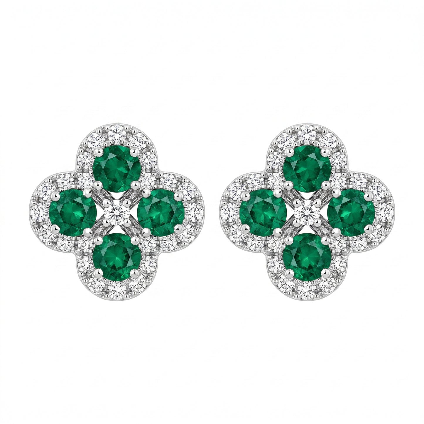 EEM1171W-B 18K white gold quatrefoil flower post earrings with four round emeralds and diamond halos, white background